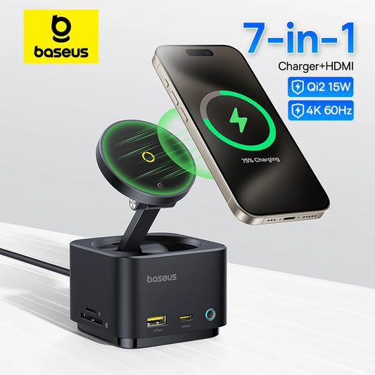 Baseus Magnetic Wireless Charger for iPhone 16 15 Pro Max Qi2 15W for MagSafe Fast PD USB Hub 4K 60Hz USB3.1 SD TF Phone Charger