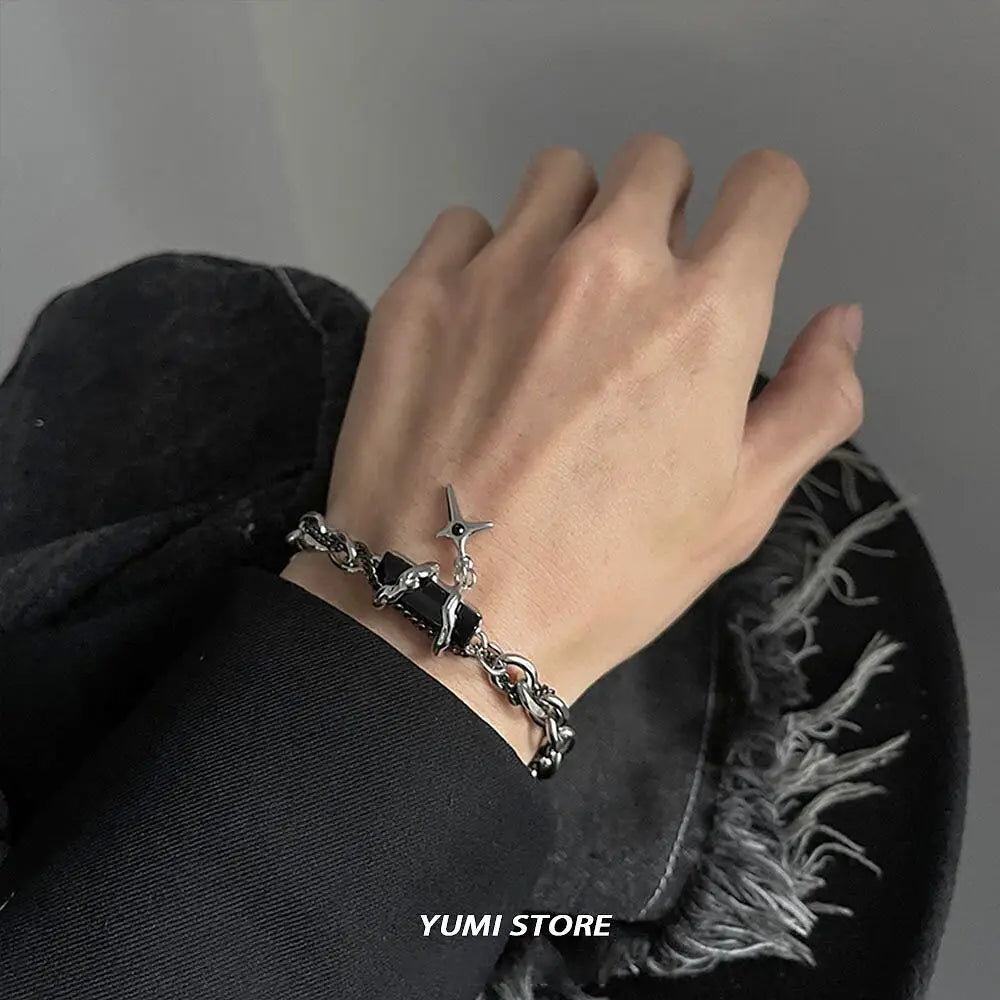 2024 Retro Black Zircon Star Bracelet For Women Men Trend Titanium Steel Punk Nk Chain Unisex Jewelry New Couple Accessories