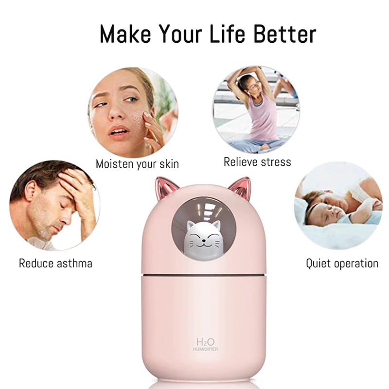 300ML  Air Humidifier Cute Cat Ultra-Silent USB Office Household Bedroom Car Aromatherapy Air Purifier with Led Cool Mist Spray