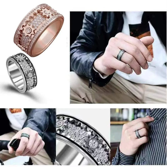 New Ornate Mechanical Rotating 3D Band Ring Gear Spinner Rings Cubic Zirconia Geometric